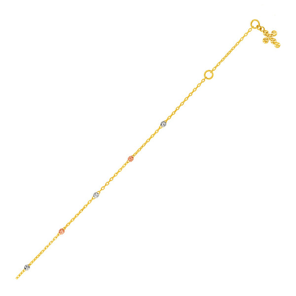 14k Tri Color Gold Anklet with Cross 10"