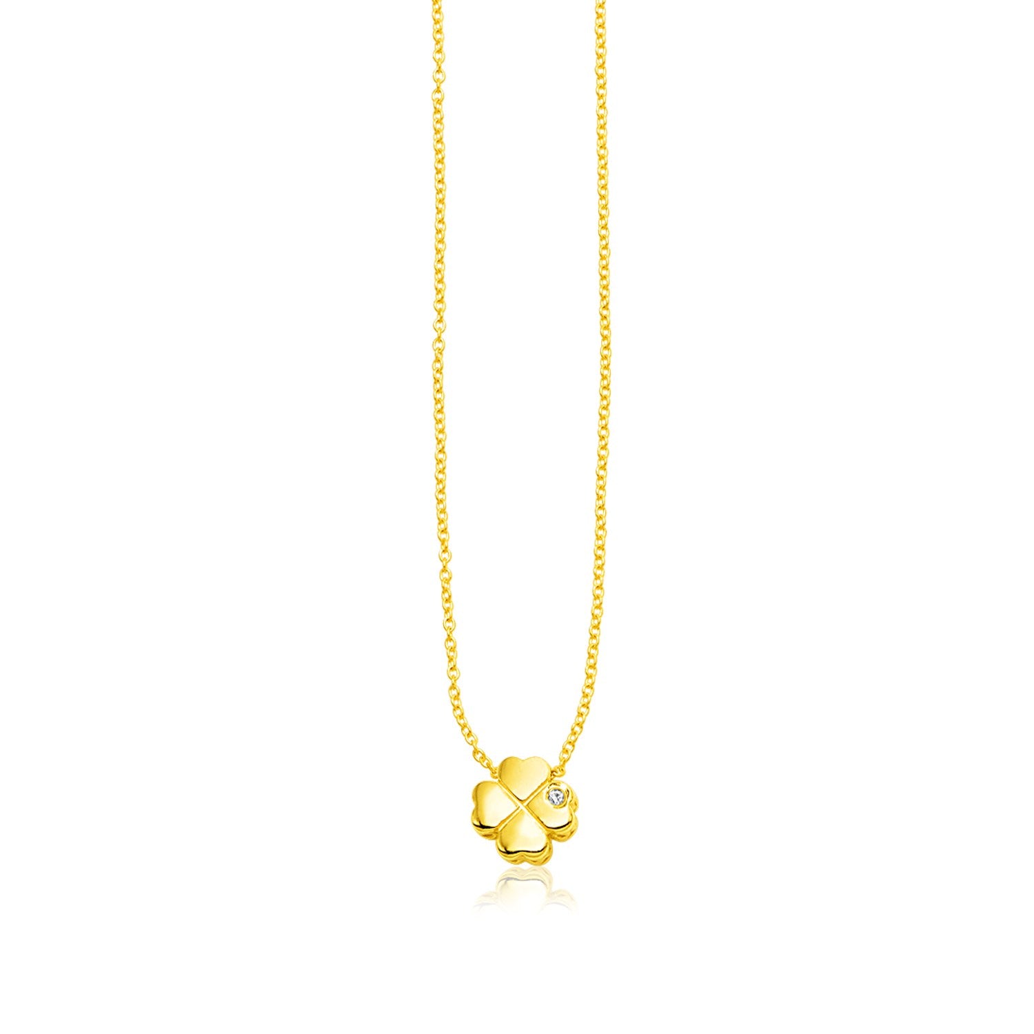 14k Yellow Gold Polished Four Leaf Clover Necklace with Diamond 18"