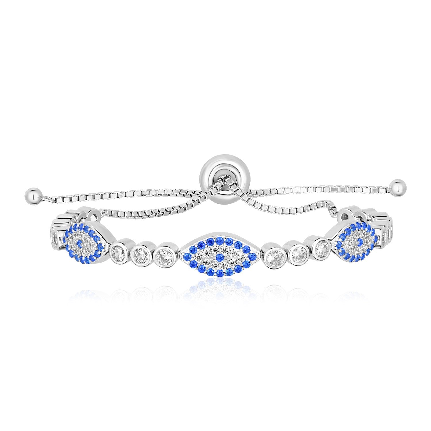 Sterling Silver Adjustable Enameled Evil Eye Bracelet with Cubic Zirconias 9.25"