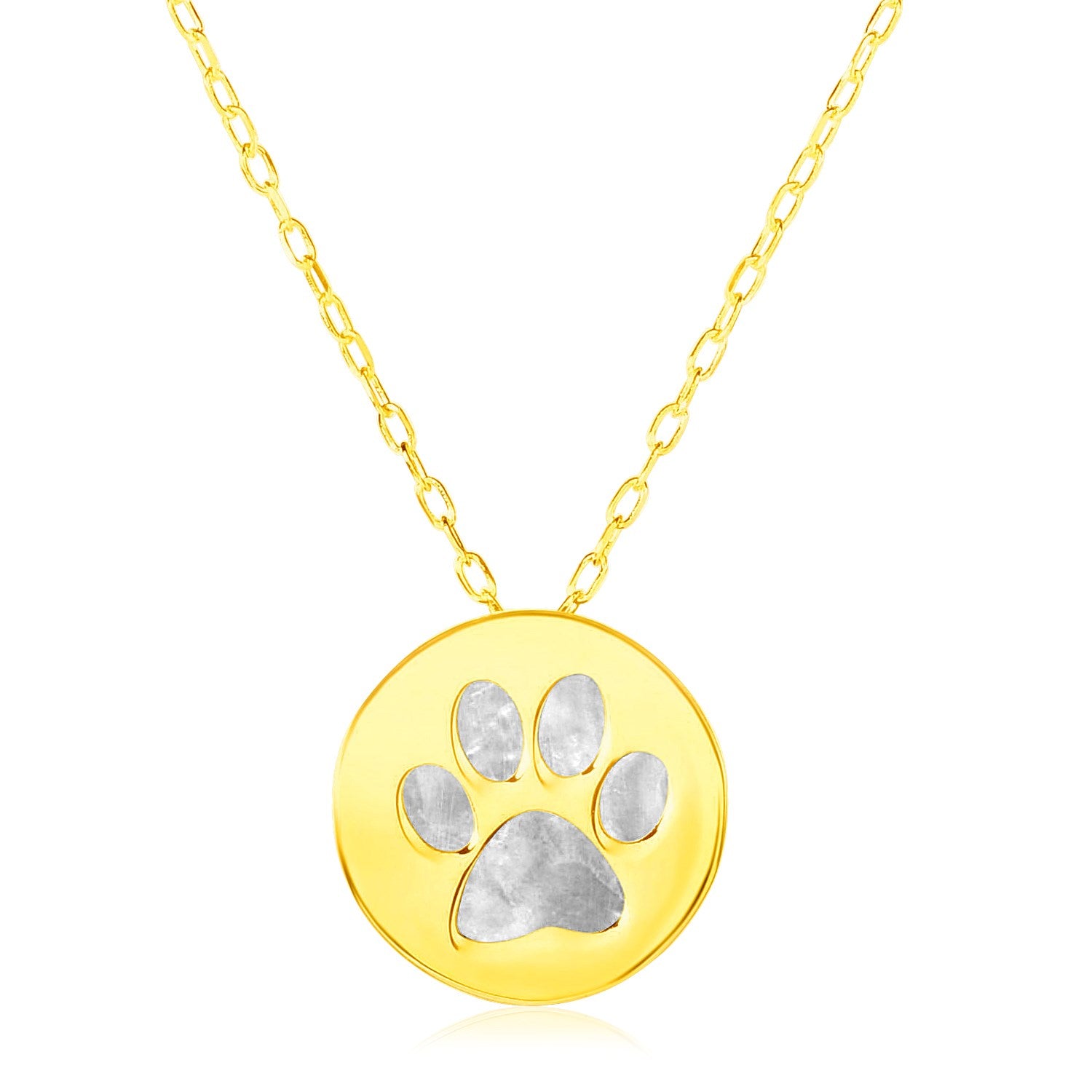 14k Yellow Gold Necklace with Dog Paw Print Symbol in Mother of Pearl 16"