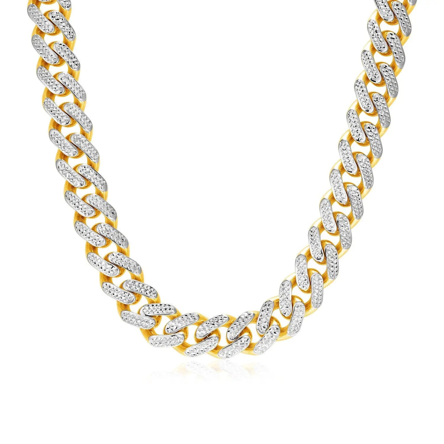 14k Two Tone Gold Miami Cuban Chain Necklace with White Pave 24"