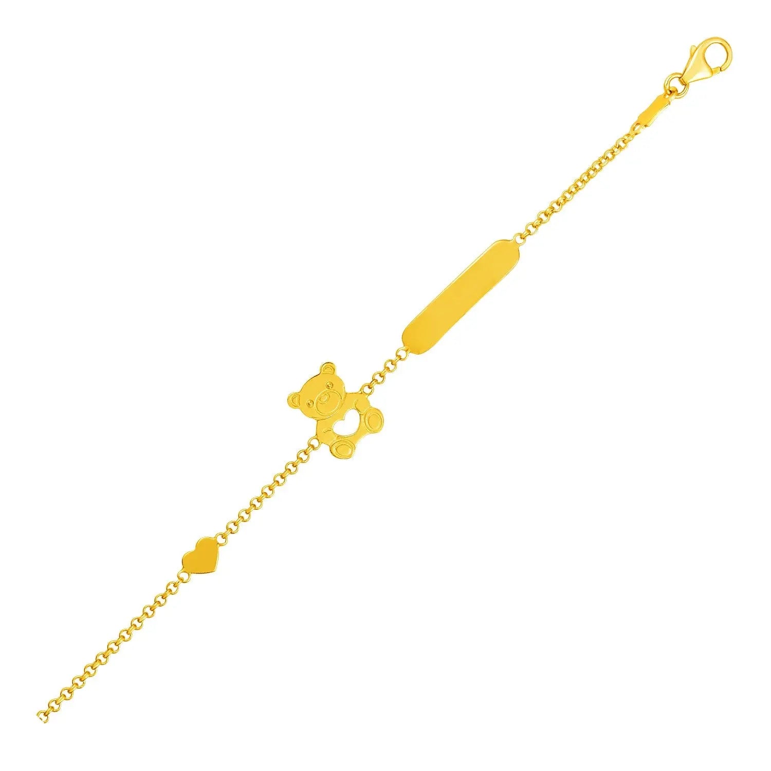 14k Yellow Gold Childrens Bracelet with Teddy Bear Heart and Bar 6"