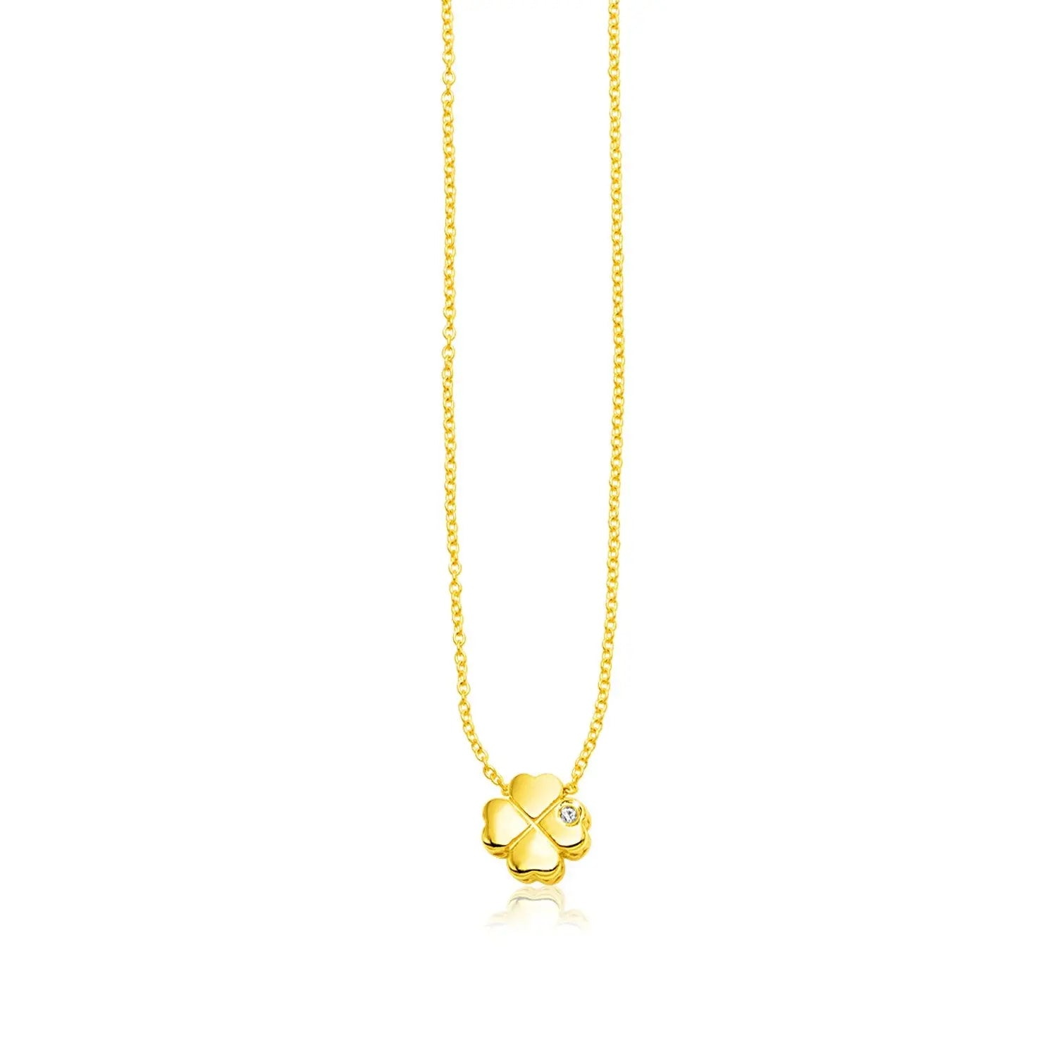 14k Yellow Gold Polished Four Leaf Clover Necklace with Diamond 18"