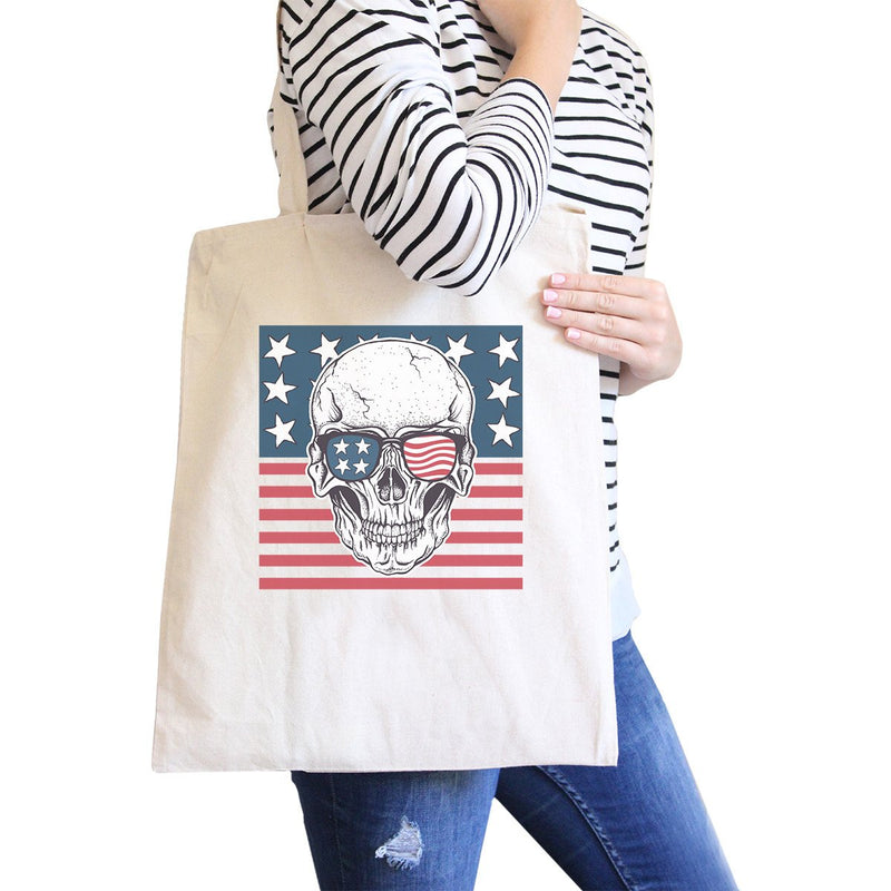 Skull American Flag Natural Reusable July 4th Canvas Shoulder Bag