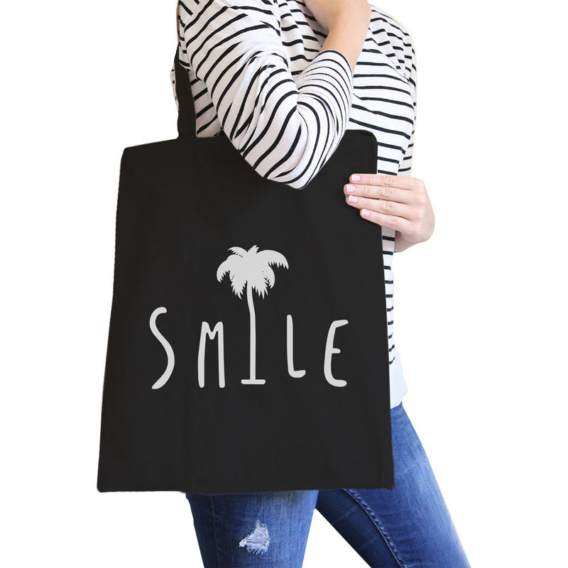 Smile Palm Tree Black Unique Graphic Cute Cotton Canvas Tote Bag