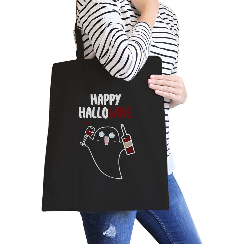 Happy Hallowine Ghost Wine Black Canvas Bags