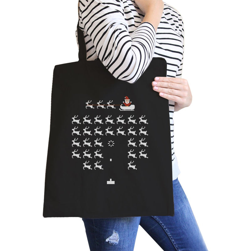 Pixel Game Santa And Rudolph Black Canvas Bags