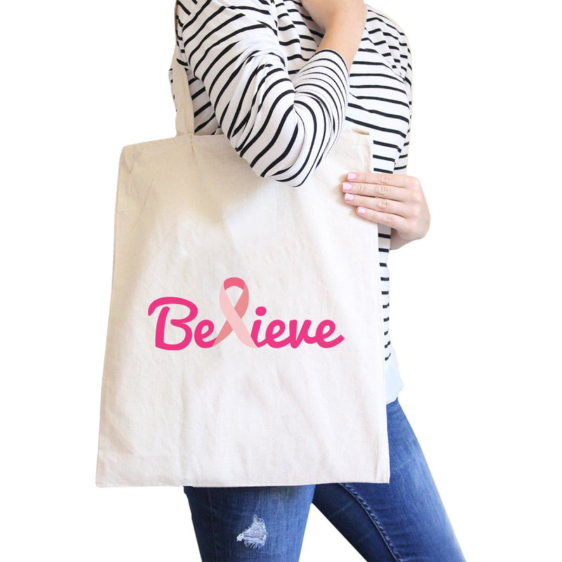 Believe Breast Cancer Awareness Natural Canvas Bags