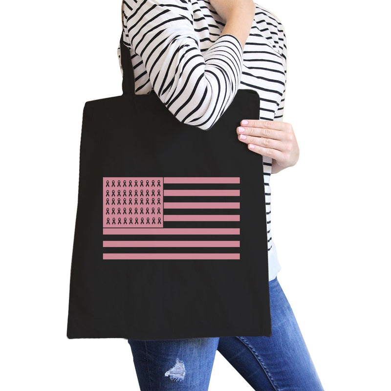 Breast Cancer Awareness Pink Flag Black Canvas Bags