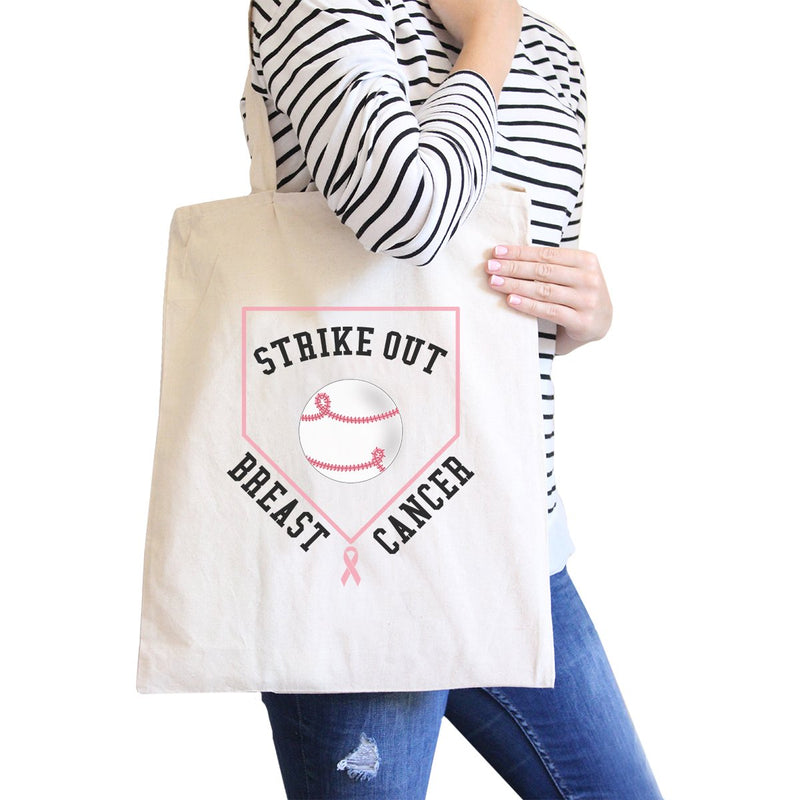 Strike Out Breast Cancer Baseball Natural Canvas Bags