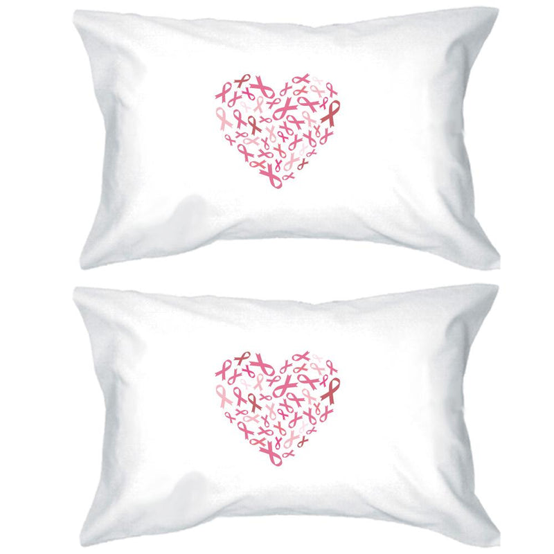 Pink Ribbon Heart White Pillowcases
