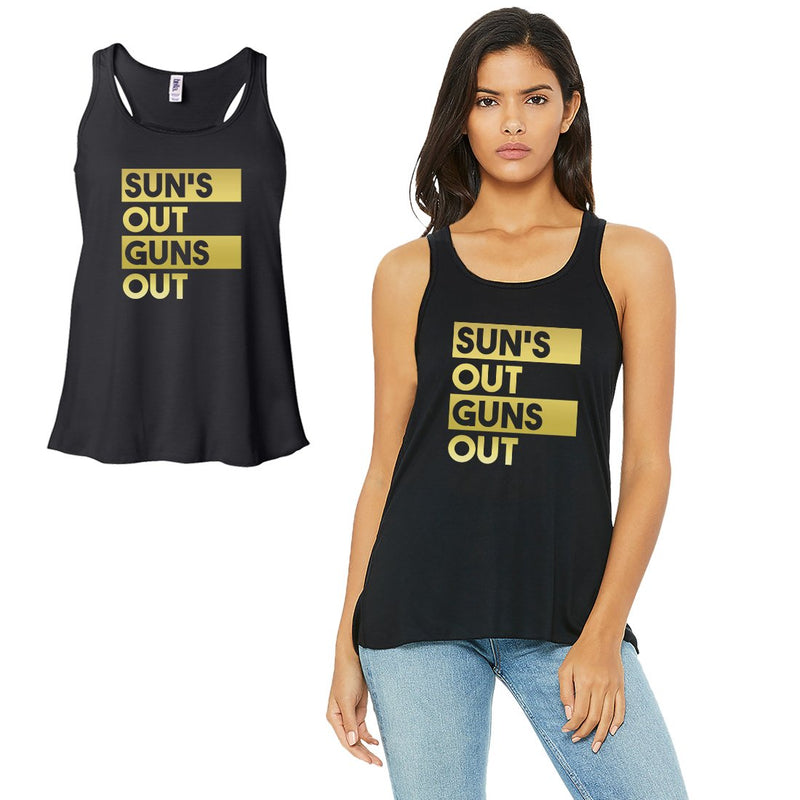 Sun's Out Gun's Out-GOLD Work Out Womens Black Tank Top