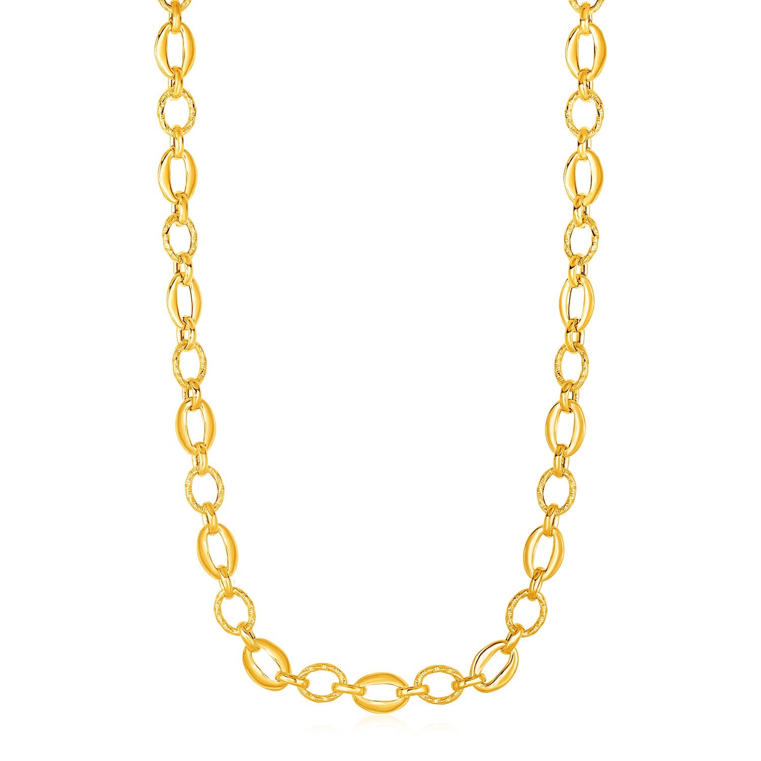 Shiny and Textured Oval Link Necklace in 14k Yellow Gold 18"