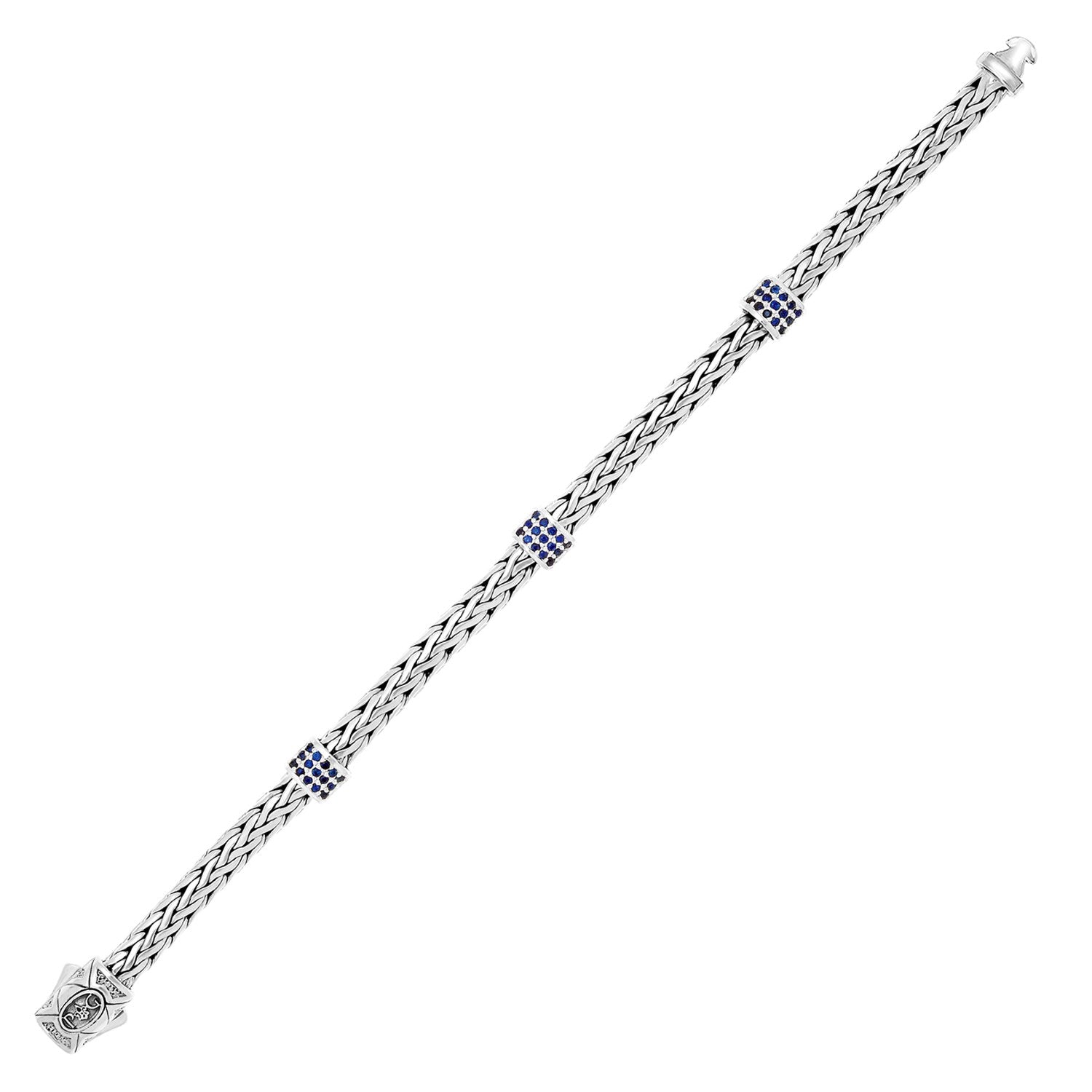 Sterling Silver Woven Bracelet with Blue Sapphire Stations 7.25"