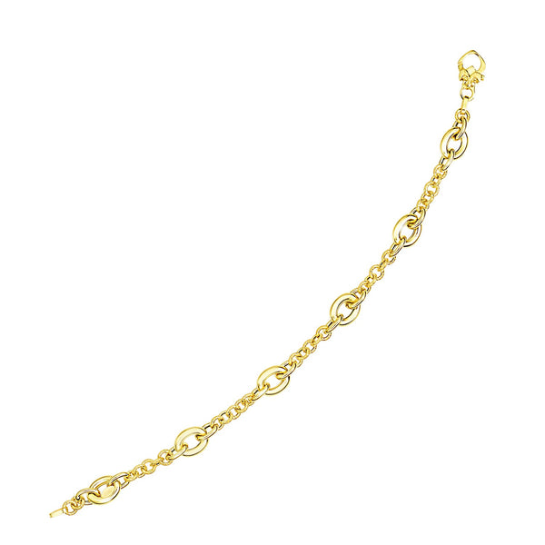 14k Yellow Gold Oval and Round Link Textured Chain Bracelet 7.5"