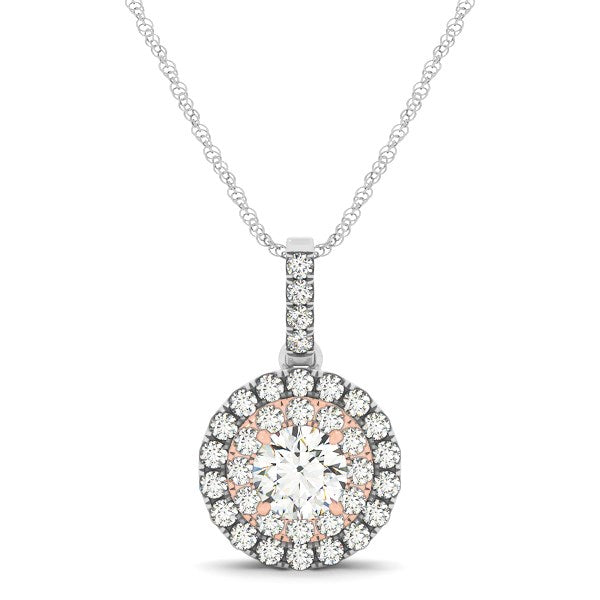 Round Shape Halo Diamond Pendant in 14k White and Rose Gold (1/2 cttw) 18"
