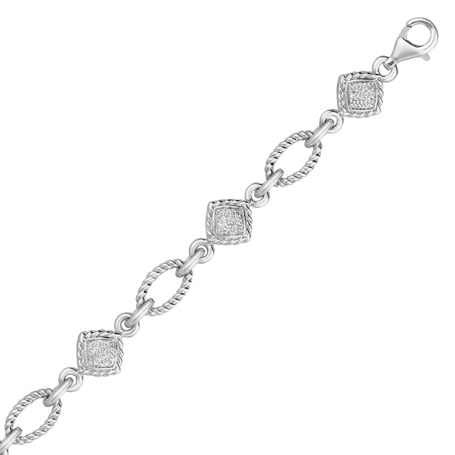 Sterling Silver Cable Oval and Square Link Bracelet with Diamonds (1/4 cttw) 7.25"