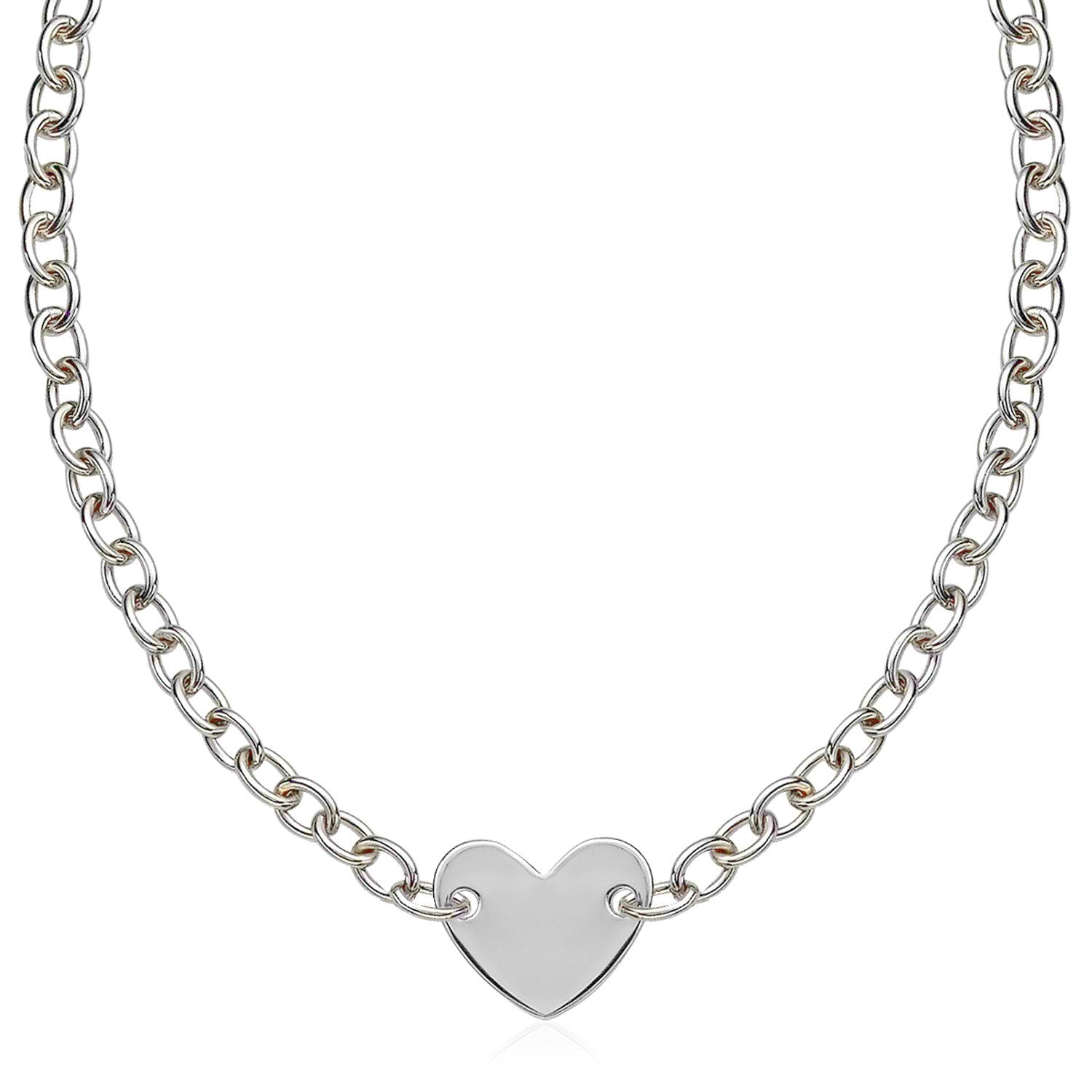 Sterling Silver Rhodium Plated Chain Bracelet with a Flat Heart Motif Station 18"
