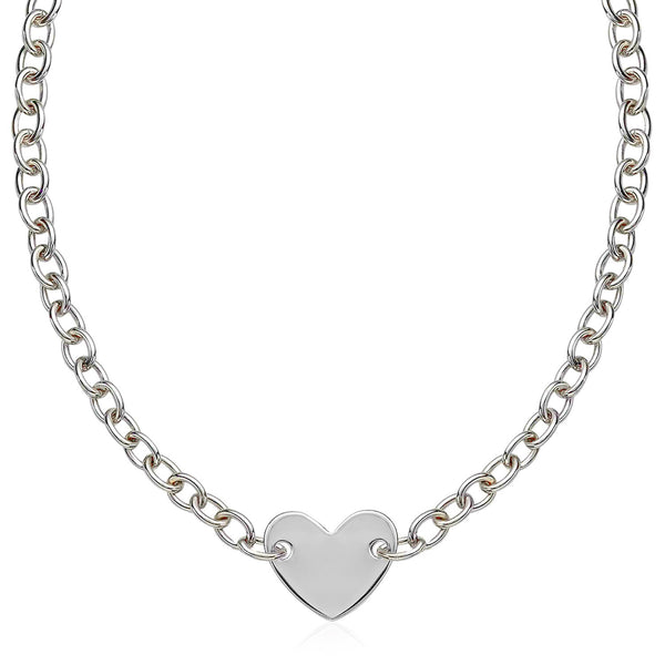 Sterling Silver Rhodium Plated Chain Bracelet with a Flat Heart Motif Station 18"