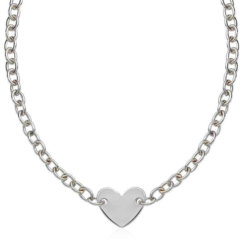 Sterling Silver Rhodium Plated Chain Bracelet with a Flat Heart Motif Station