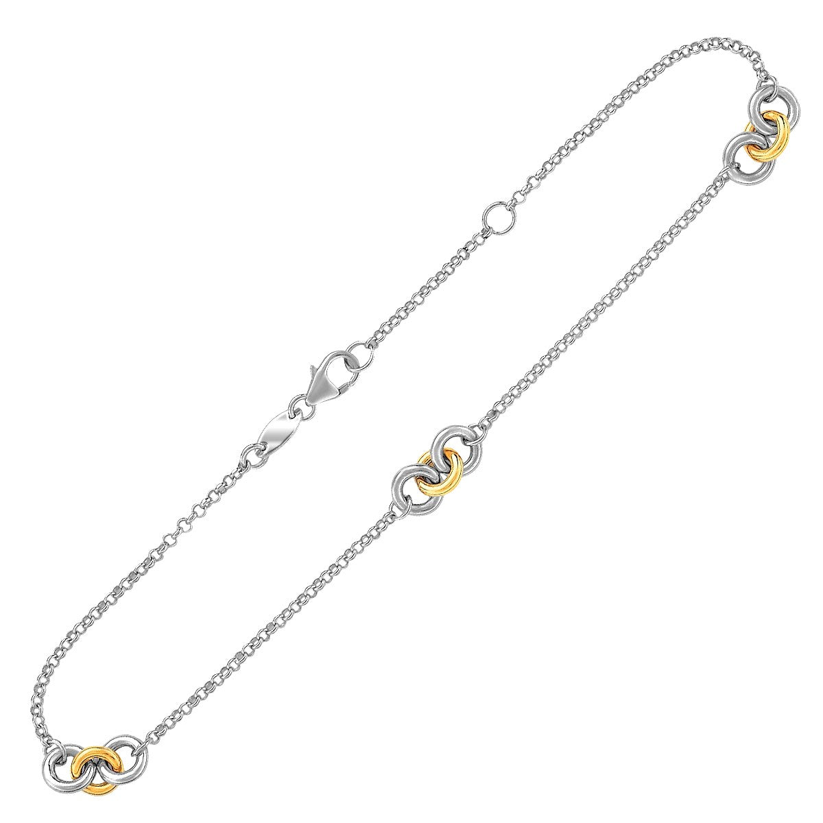 14k Yellow Gold and Sterling Silver Triple Ring Stationed Anklet 10"