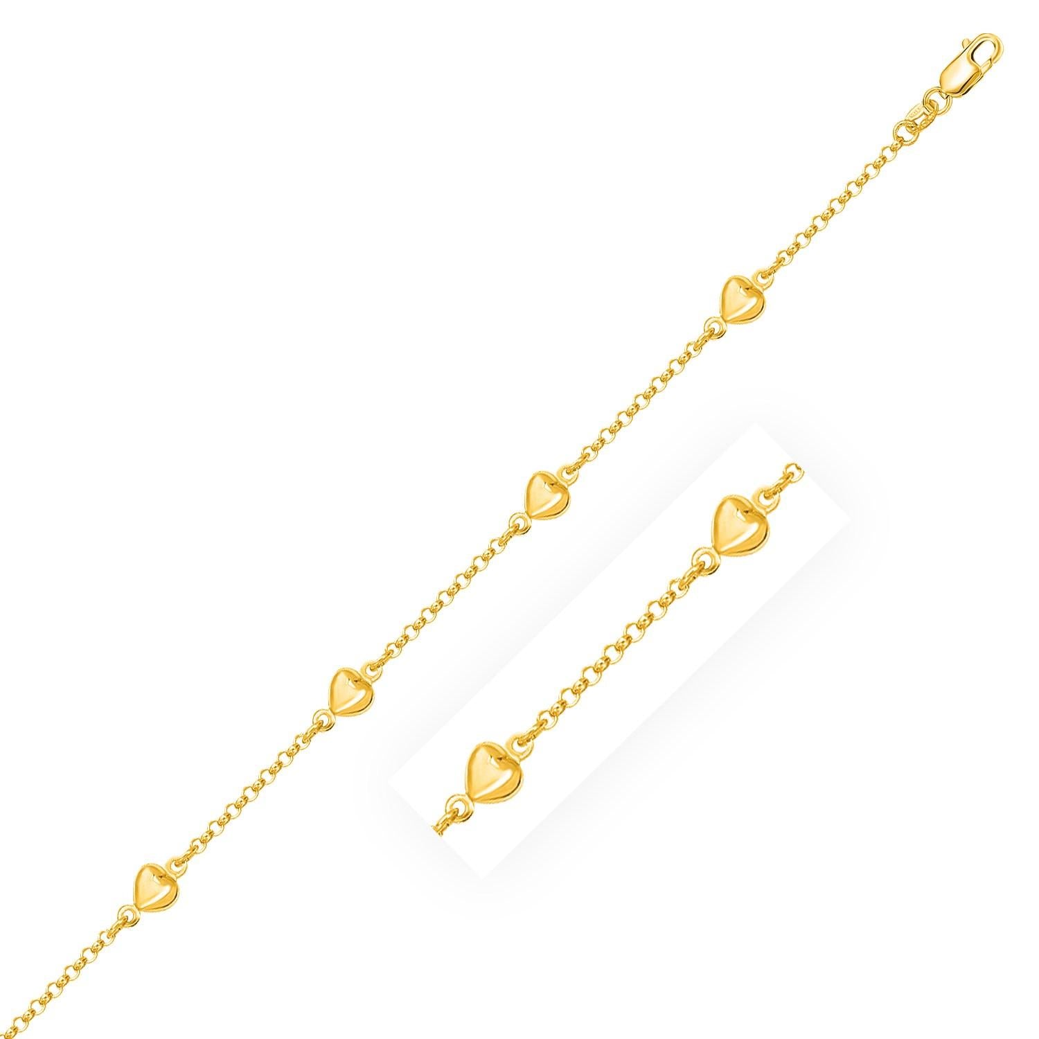 14k Yellow Gold Rolo Chain Bracelet with Puffed Heart Stations 6"
