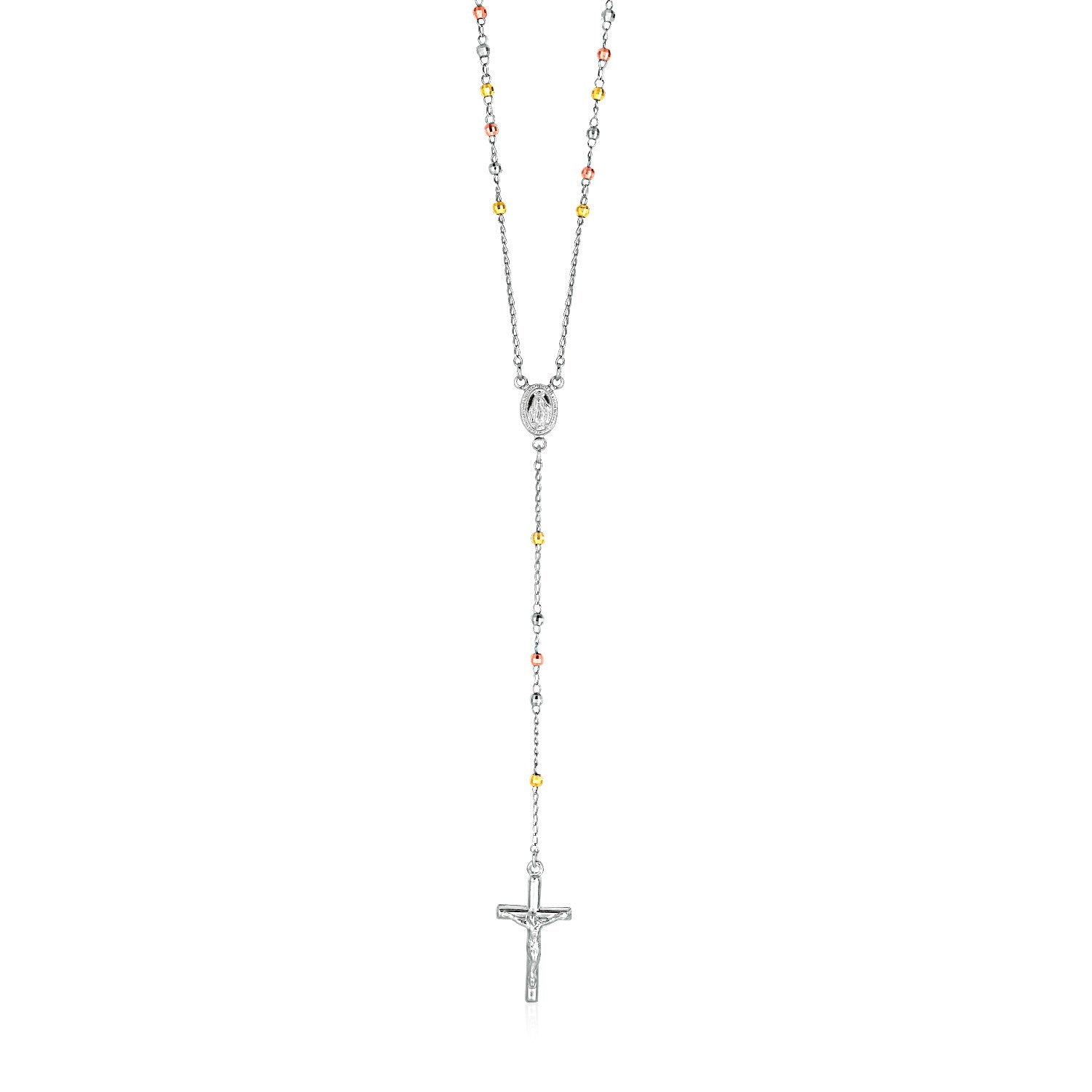 Three Toned Rosary Chain and Bead Necklace in Sterling Silver 26"