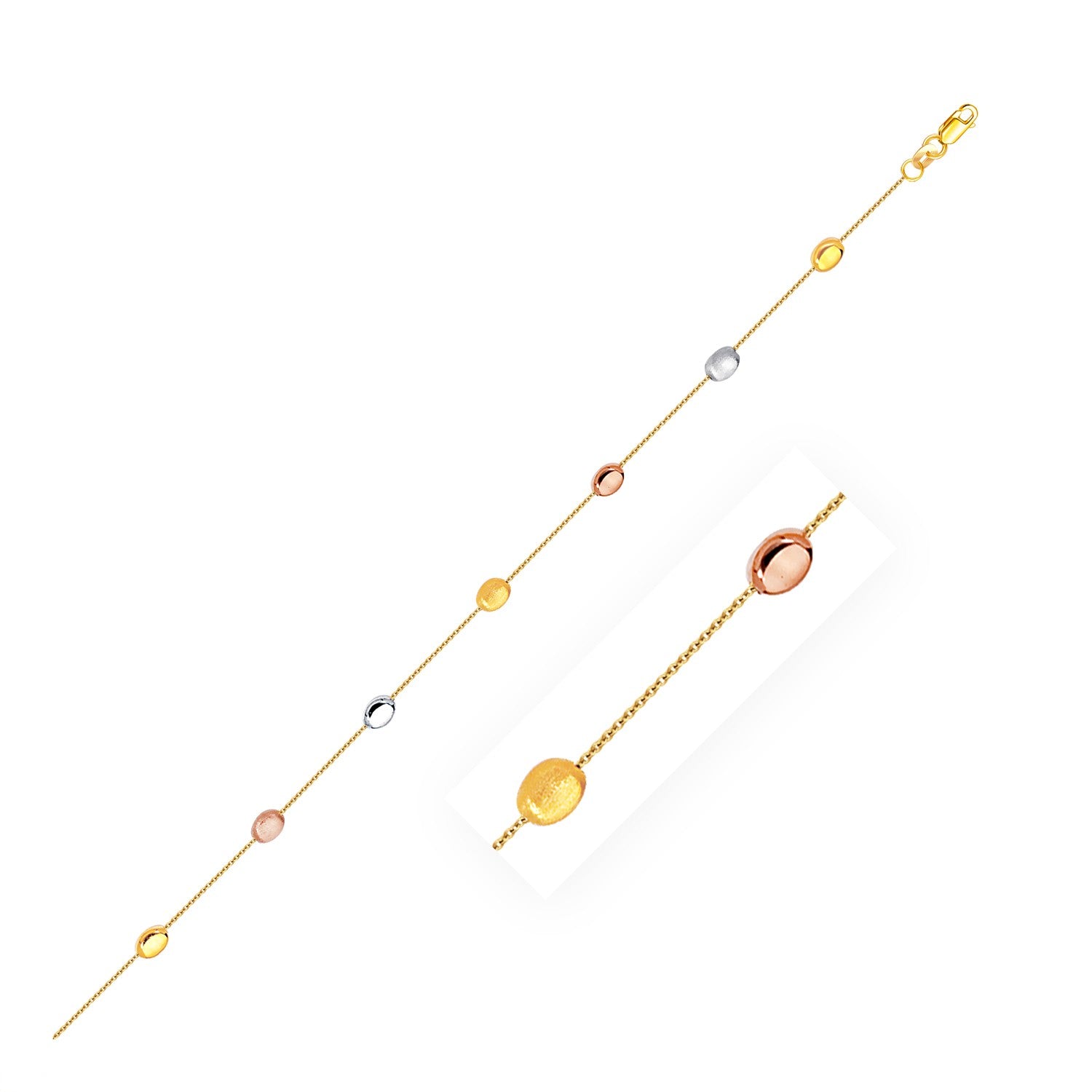 14k Tri-Color Gold Puffed Oval Shape Station Adjustable Anklet 10"
