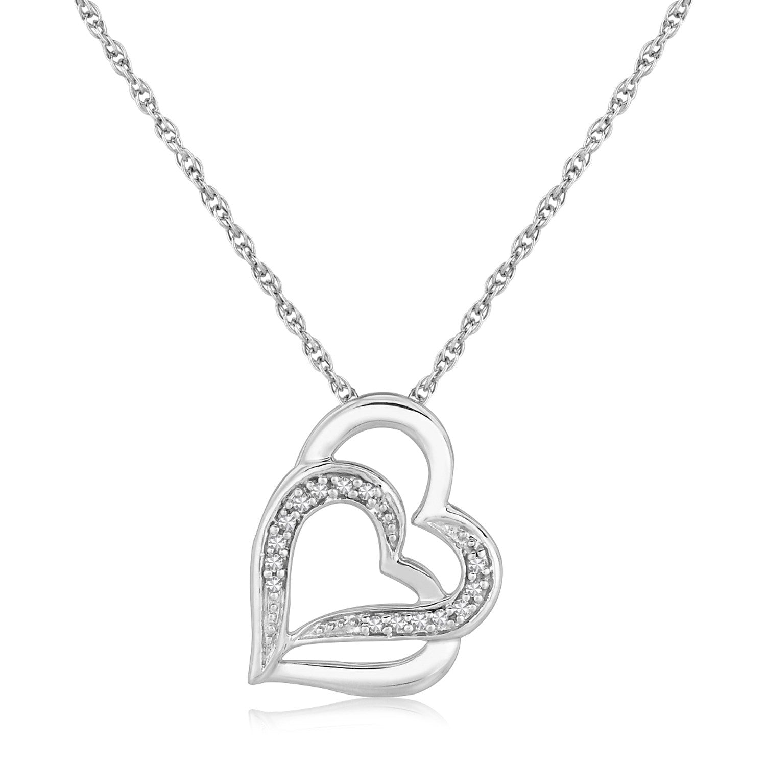 Sterling Silver Dual Heart Motif Pendant with Diamonds (.06 cttw) 18
