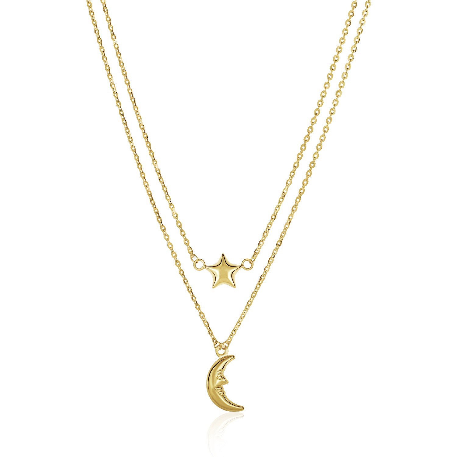 14k Yellow Gold Double-Strand Chain Necklace with Puff Moon and Star 18"