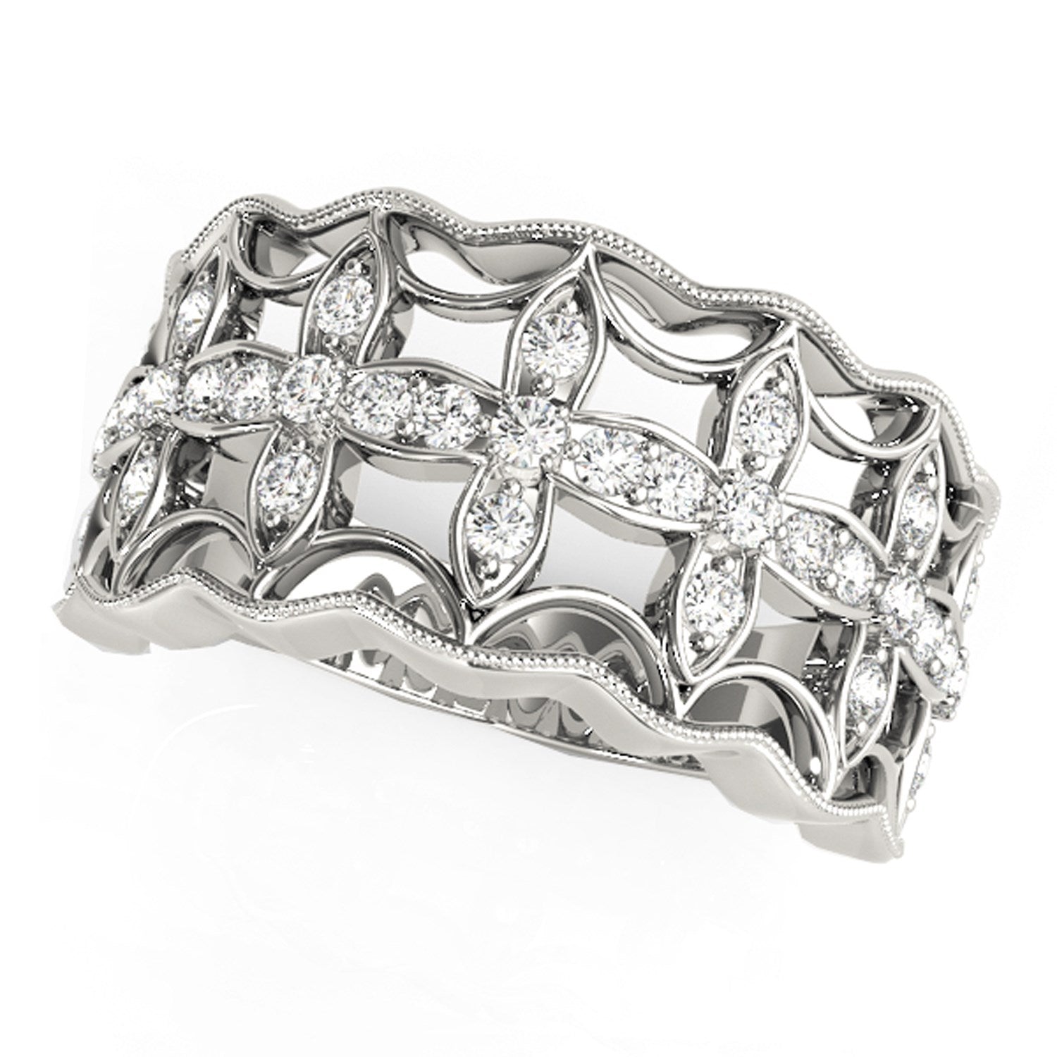 Diamond Studded Four Leaf Clover Motif Ring in 14k White Gold (1/4 cttw) 8.5
