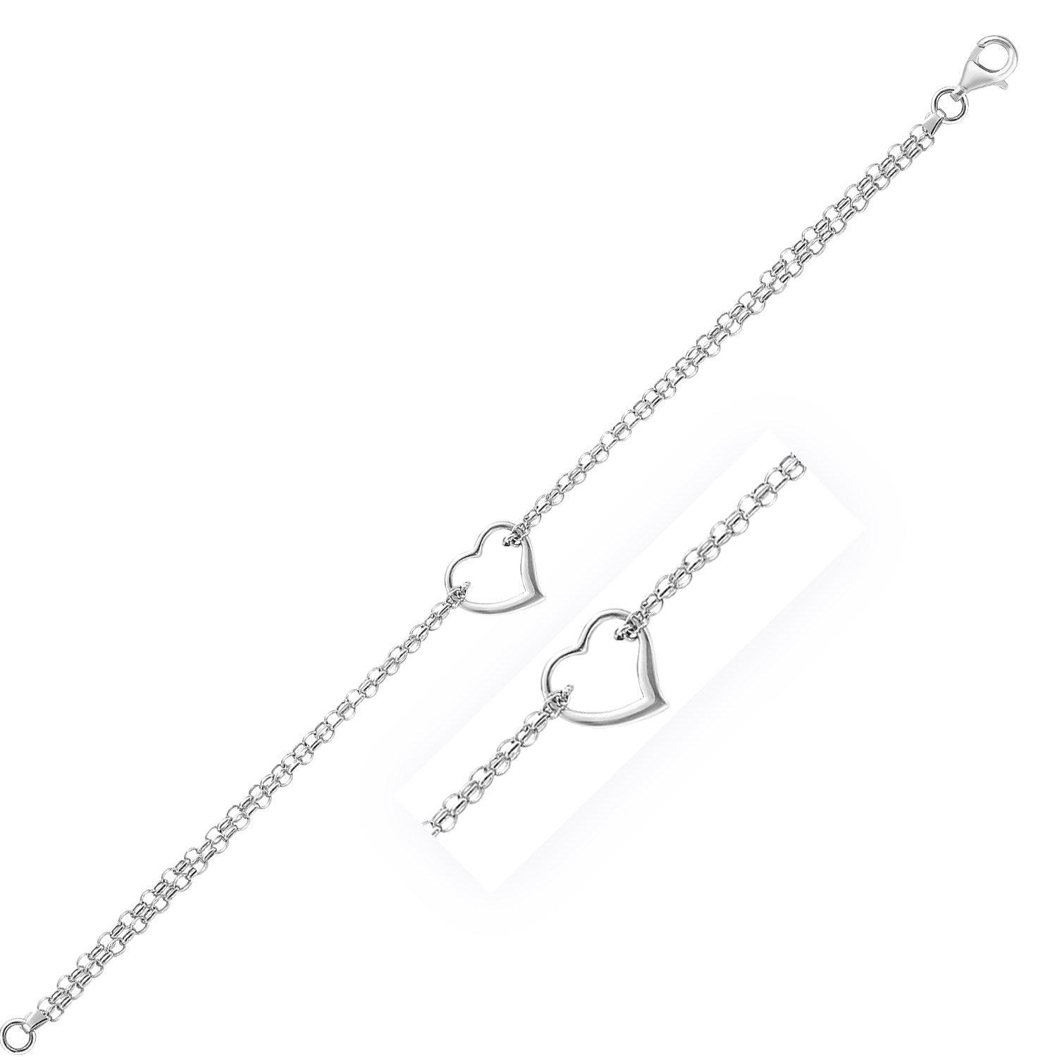 14k White Gold Cable Chain Anklet with Open Heart Station 10"