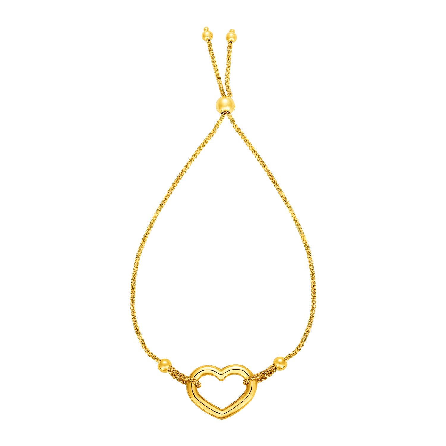 Adjustable Bracelet with Shiny Open Heart in 14k Yellow Gold 9.25"