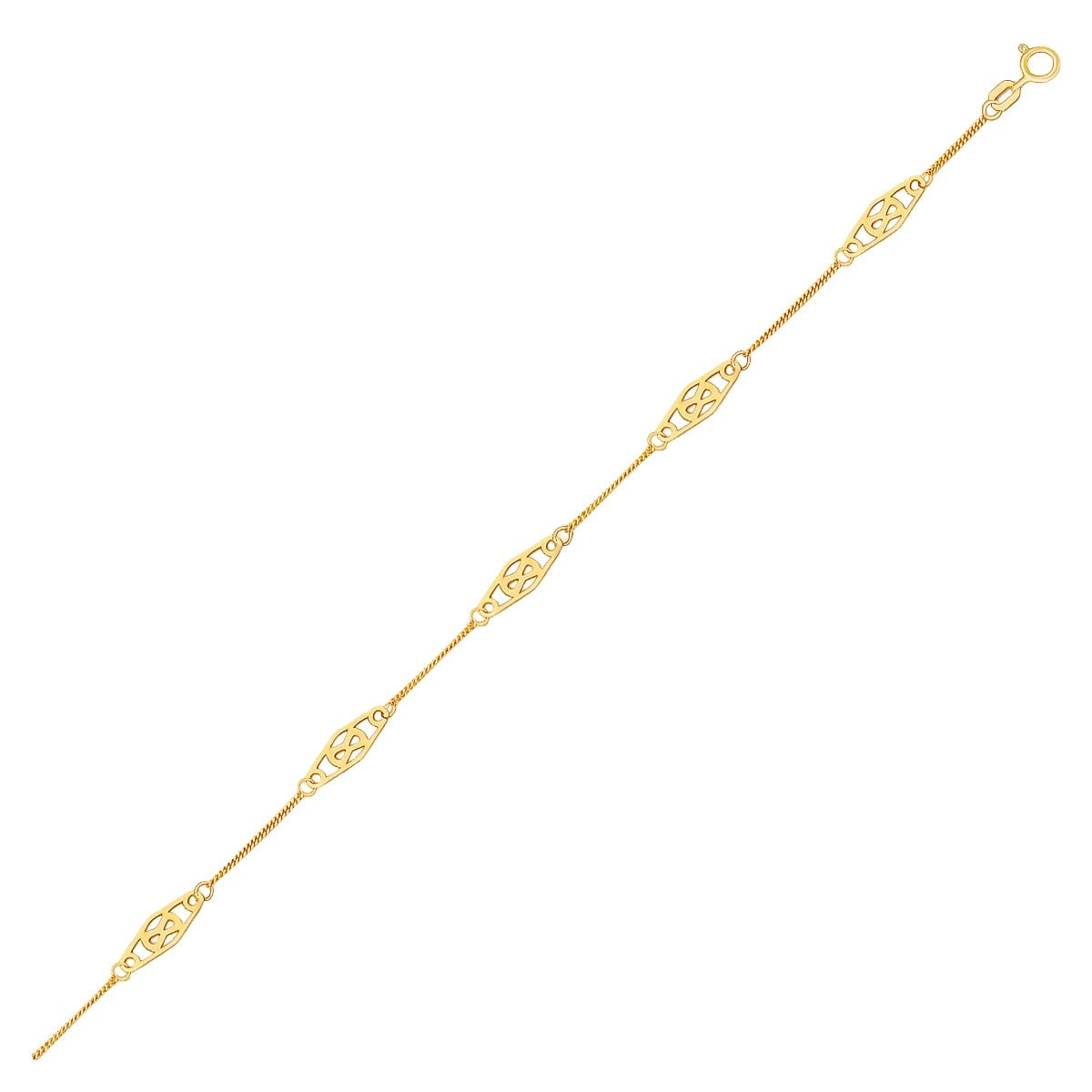 14k Yellow Gold Anklet with Fancy Diamond Shape Filigree Stations 10"
