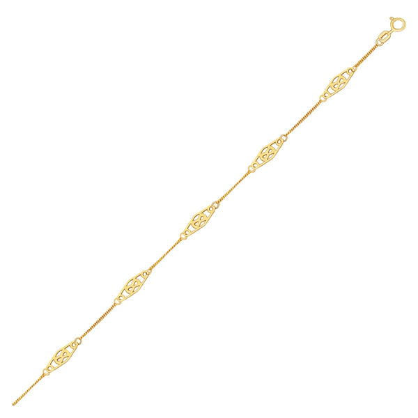 14k Yellow Gold Anklet with Fancy Diamond Shape Filigree Stations 10"