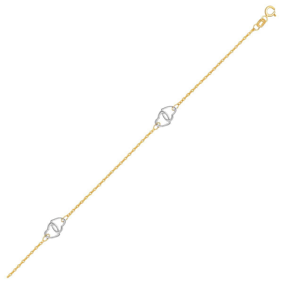 14k Two Tone Gold Entwined Heart Stationed Anklet 10"