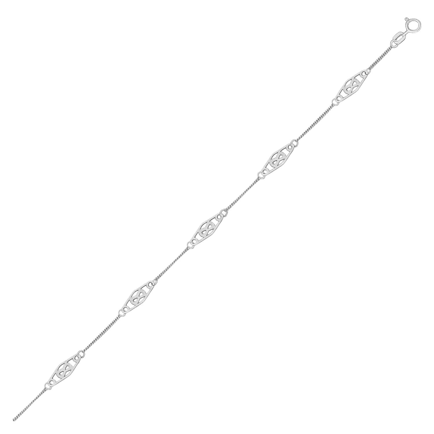 14k White Gold Anklet with Fancy Diamond Shape Filigree Stations 10"