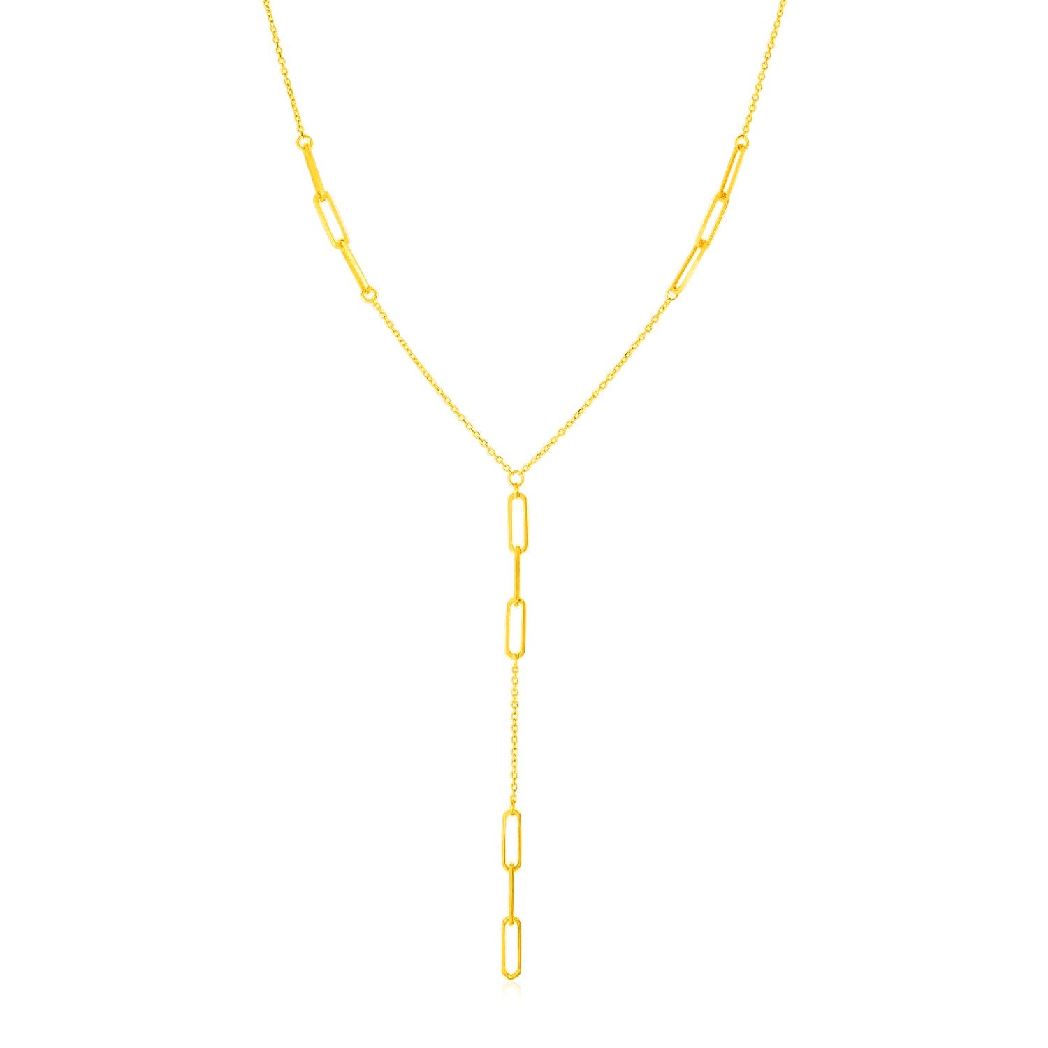 14K Yellow Gold Lariat Necklace with Paperclip Chain Stations 17"