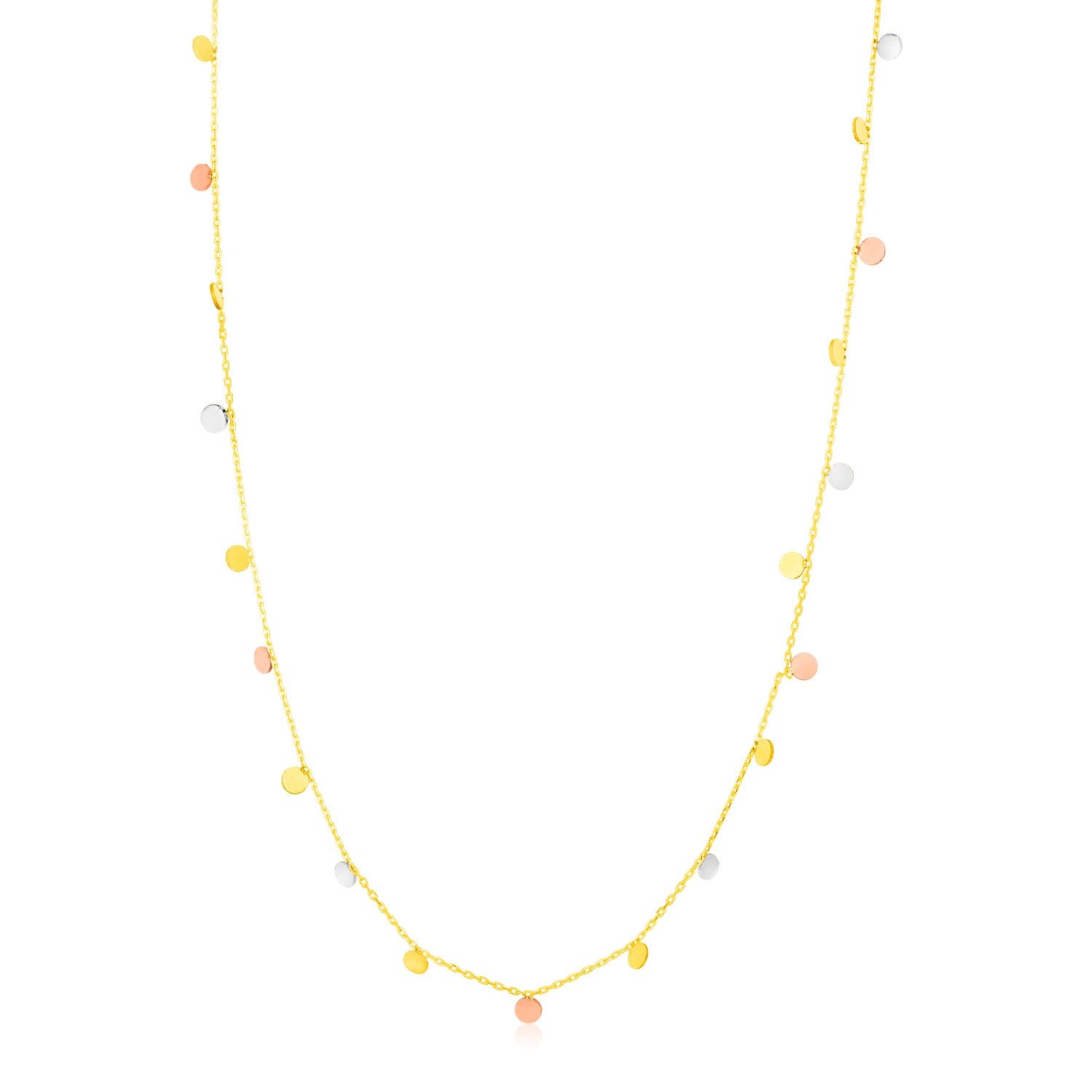 14K Tri Color Necklace with Dangling Circles 18"