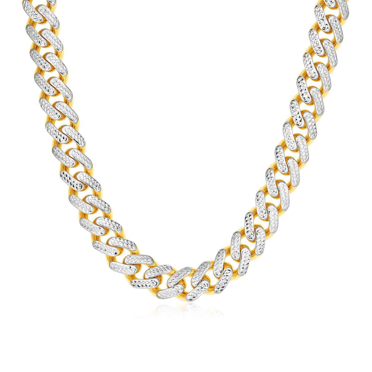 14k Two Tone Gold Miami Cuban Chain Necklace with White Pave 24"