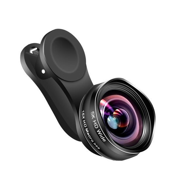 Flower Bud 5K HD Phone Lens Wide Angle Macro Lens No Distortion 0.45X Professional 2 in 1 Camera for Smartphone iPhone Mobile Black