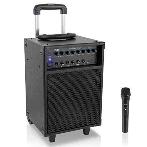 Pyle Wireless Portable PA System-400W Bluetooth Compatible Rechargeable Battery Powered Outdoor Sound Stereo Speaker Microphone Set w/Handle, Wheels-1/4 to AUX, RCA Cable (PWMA230BT) Pyle