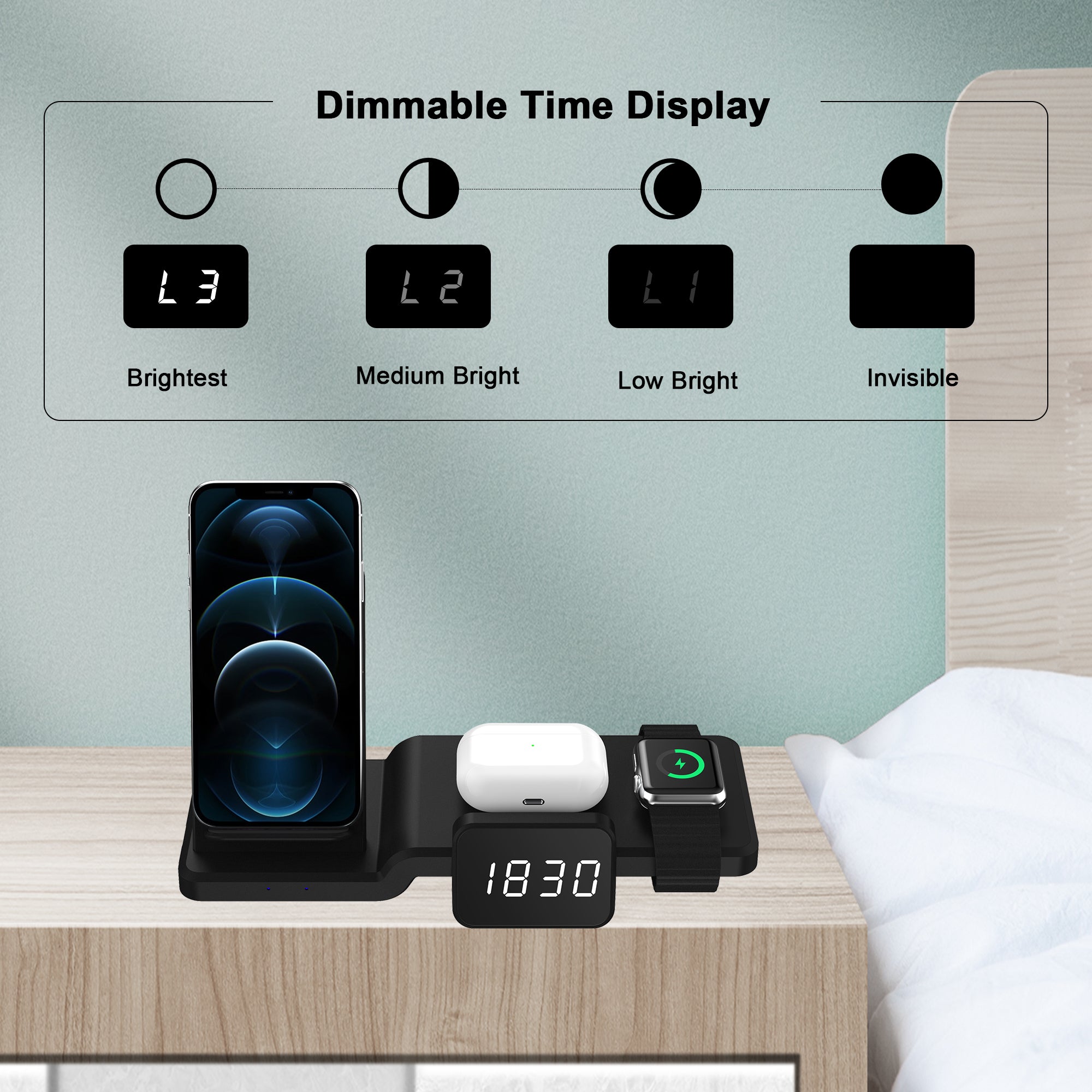 Clock radio charge 15W 4 in 1 Cell Phone Qi Fast Wireless Charger For iWatch For AirPods Time adjustment