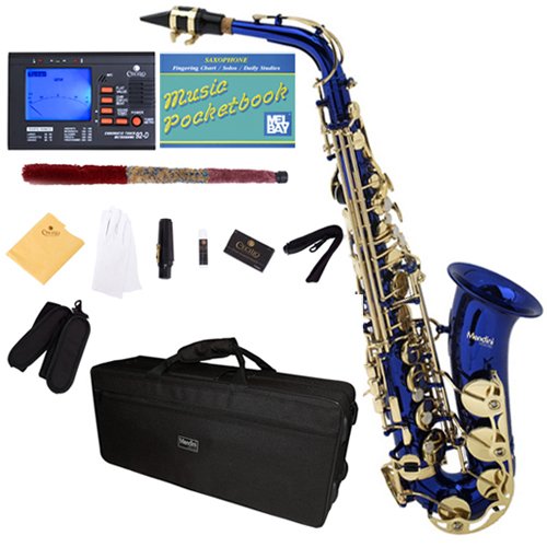 Mendini by Cecilio E-Flat Alto Saxophone, Blue Lacquered + Tuner, Case, Pocketbook - MAS-BL+92D+PB Mendini by Cecilio