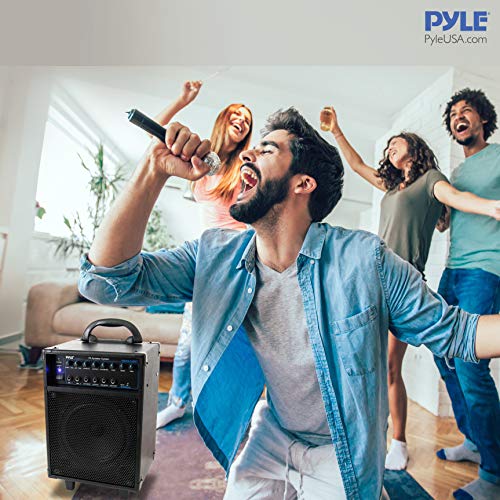 Pyle Wireless Portable PA System-400W Bluetooth Compatible Rechargeable Battery Powered Outdoor Sound Stereo Speaker Microphone Set w/Handle, Wheels-1/4 to AUX, RCA Cable (PWMA230BT) Pyle