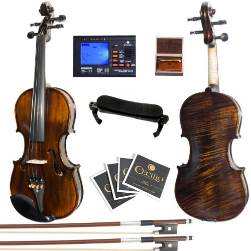 Mendini MV500+92D Flamed 1-Piece Back Solid Wood Violin with Case, Tuner, Shoulder Rest, Bow, Rosin, Bridge and Strings (Size: 3/4) Mendini by Cecilio