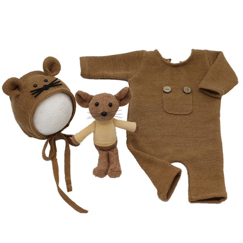 New Newborn Clothing Sets Baby Boys Girls Knitted Jumpsuit + Hat + Doll Mouse 3pcs Suit Infant Cotton Soft Clothes Set