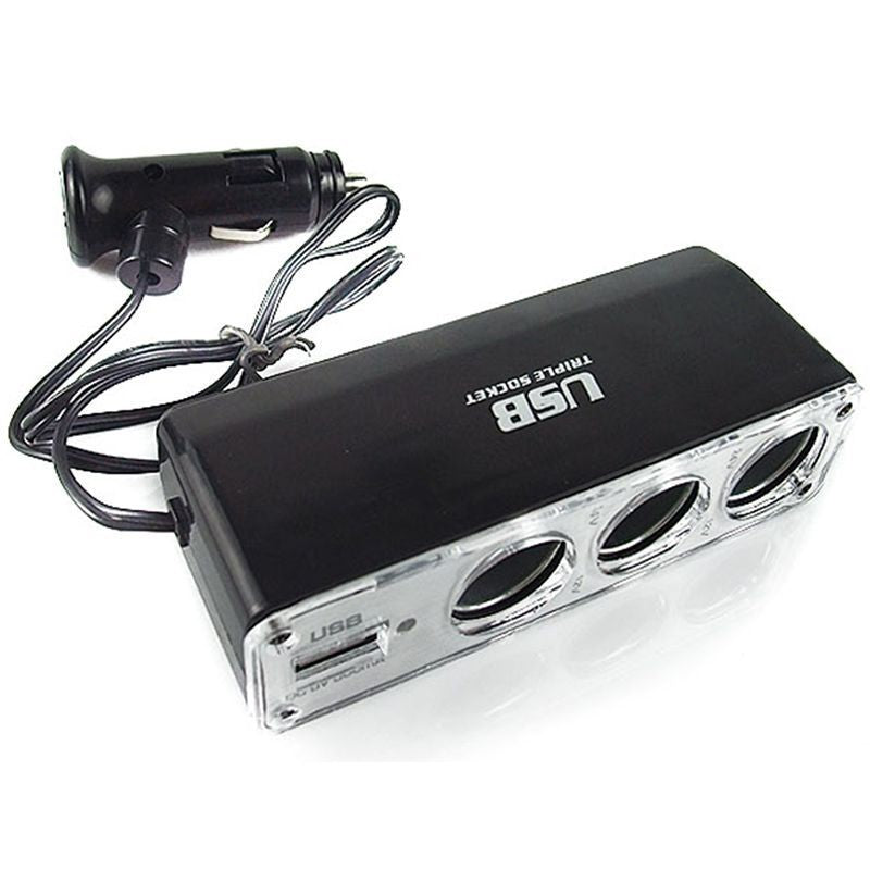 3 Way Car Cigarette Lighter Socket Splitter Charger Power Adapter DC+USB Port Plug 12V-24V