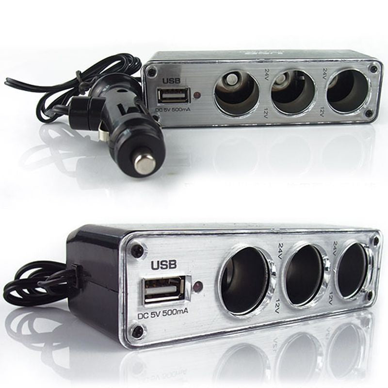 3 Way Car Cigarette Lighter Socket Splitter Charger Power Adapter DC+USB Port Plug 12V-24V