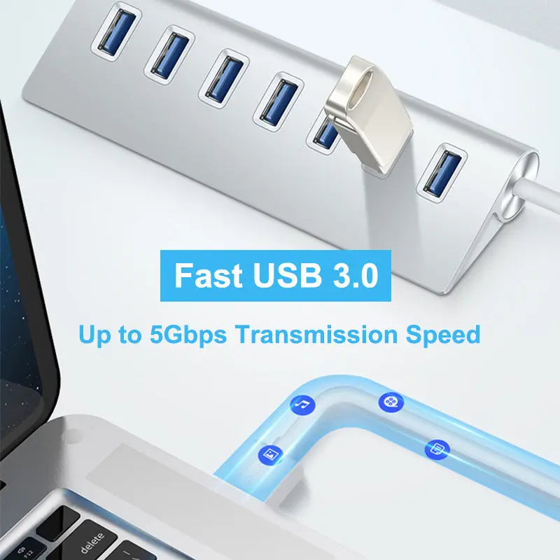 7-port USB 3.0 Hub Aluminum Alloy 60cm Cable Portable Upto 5Gbps Super Speed Anti-slip Charging Splitter For Laptop Desktop